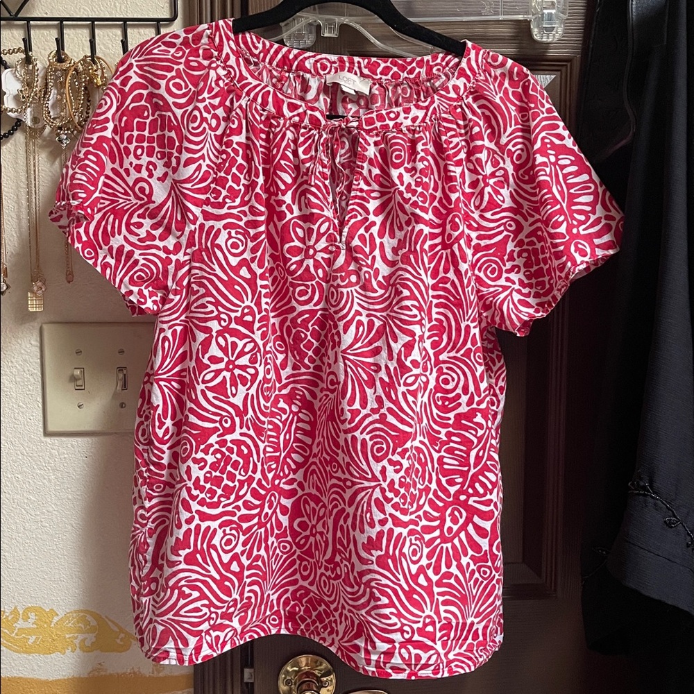LOFT Red and White Abstract Blouse size medium